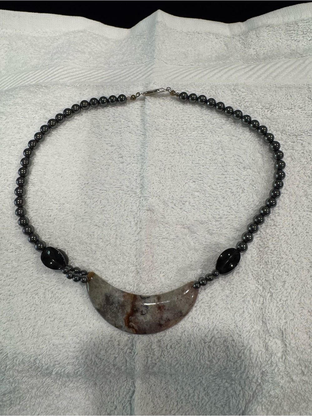 Hematite Beaded Necklace with Crescent Jasper Pendant